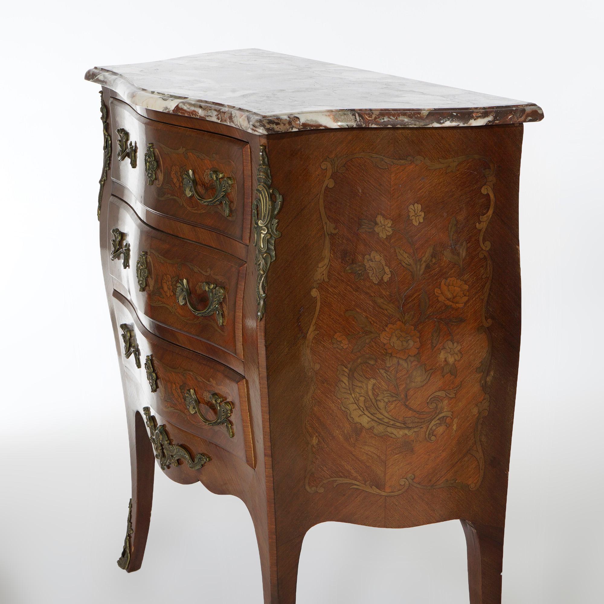 Antique French Inlaid Kingwood & Rosewood, Marble & Ormolu Bombe Commode c1910 4