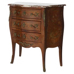 Antique French Inlaid Kingwood & Rosewood, Marble & Ormolu Bombe Commode c1910
