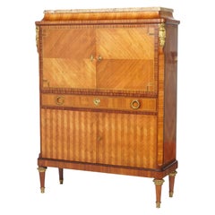 Antique French Inlaid Kingwood & Satinwood Parquetry Marble Top Secretary, c1900