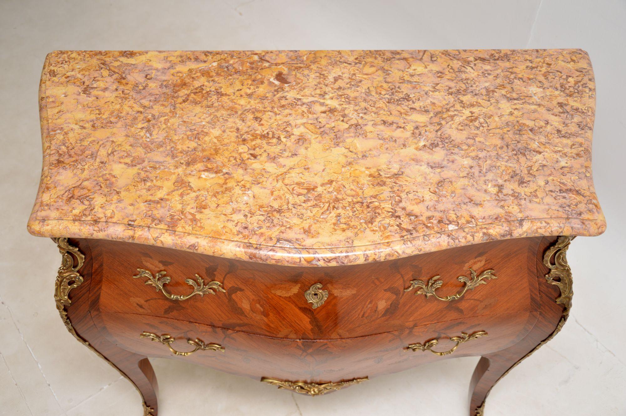 Late 19th Century Antique French Inlaid Marble Top Bombe Commode