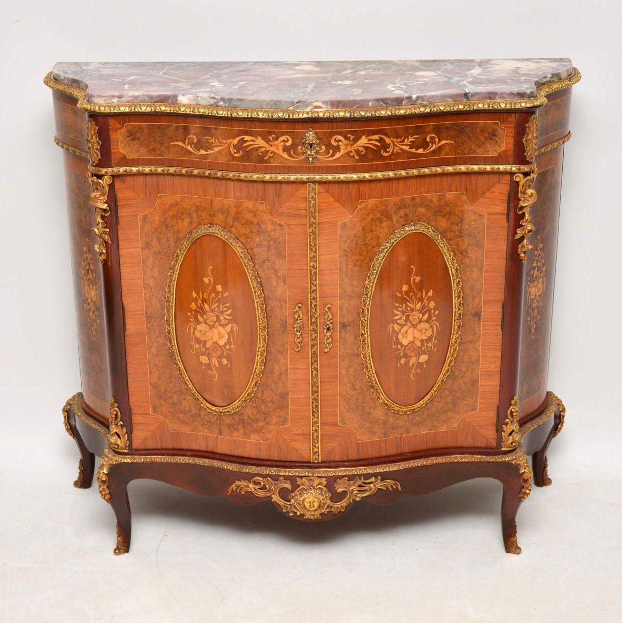 This antique French style marble top cabinet is of very high quality and very colorful too. I would date it to around the 1930s period and it’s in good original condition. The marble top which has lovely patterns looks like it’s been repaired