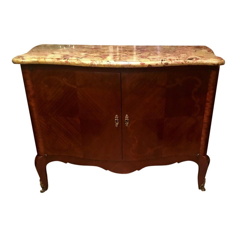 Antique French Inlaid Marble Top Credenza Sideboard by Juan Lanzani For