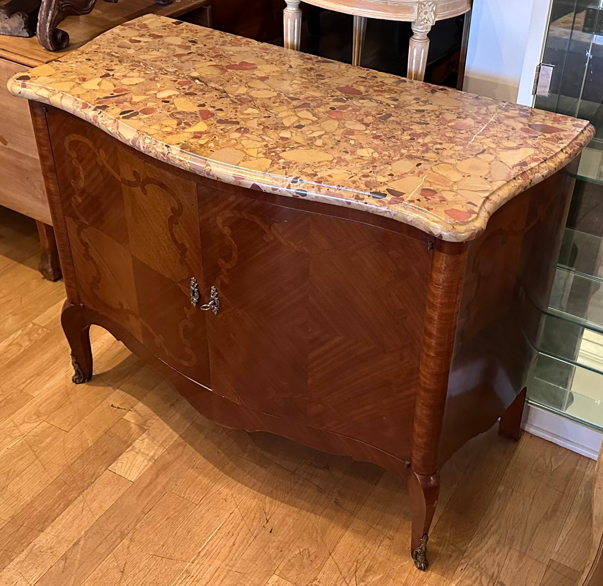 Antique French Inlaid Marble Top Credenza Sideboard by Juan Lanzani In Good Condition For Sale In LOS ANGELES, CA