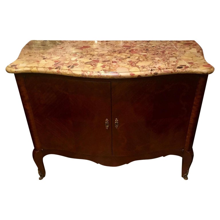 Antique French Inlaid Marble Top Credenza Sideboard by Juan Lanzani For