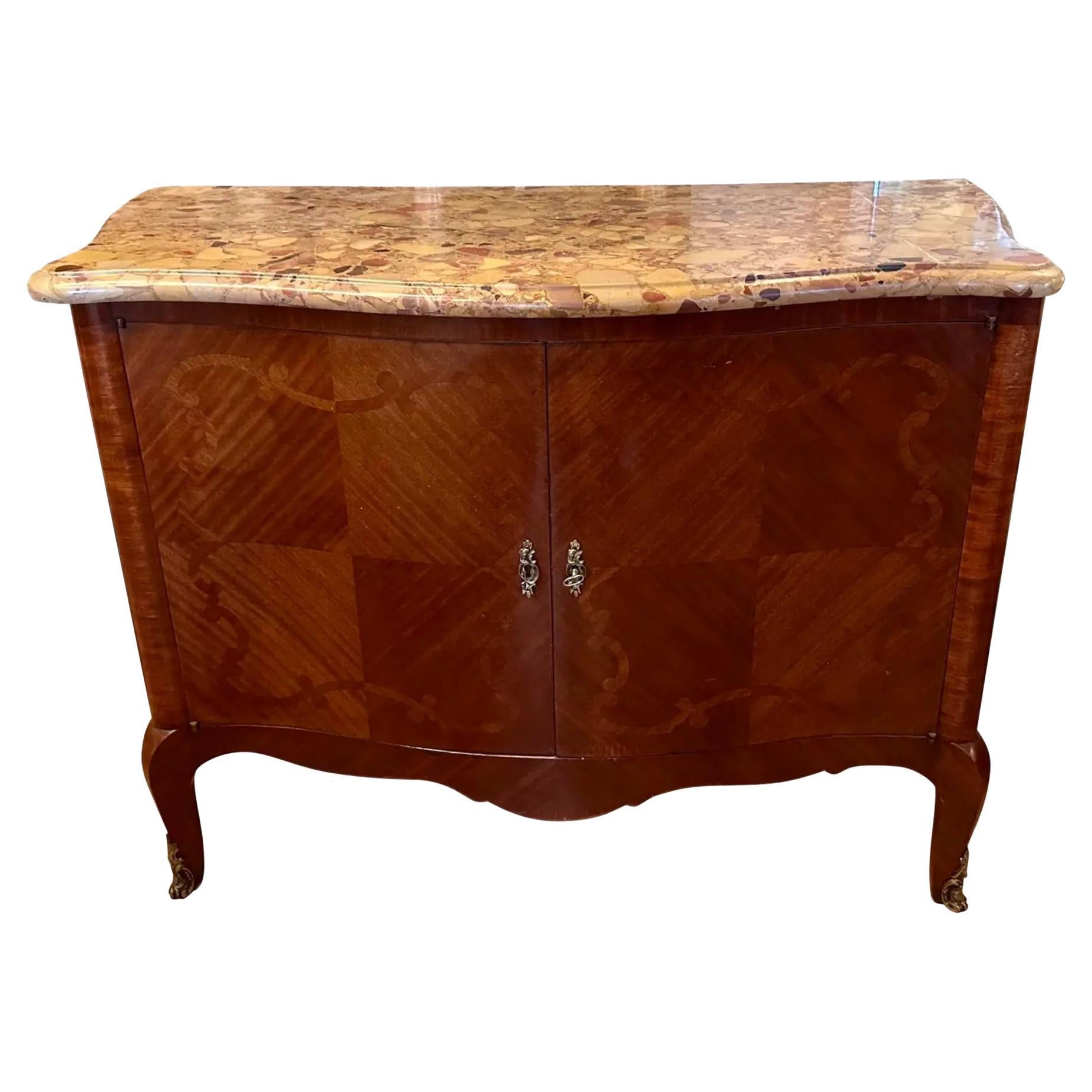 Antique French Inlaid Marble Top Credenza Sideboard by Juan Lanzani For Sale