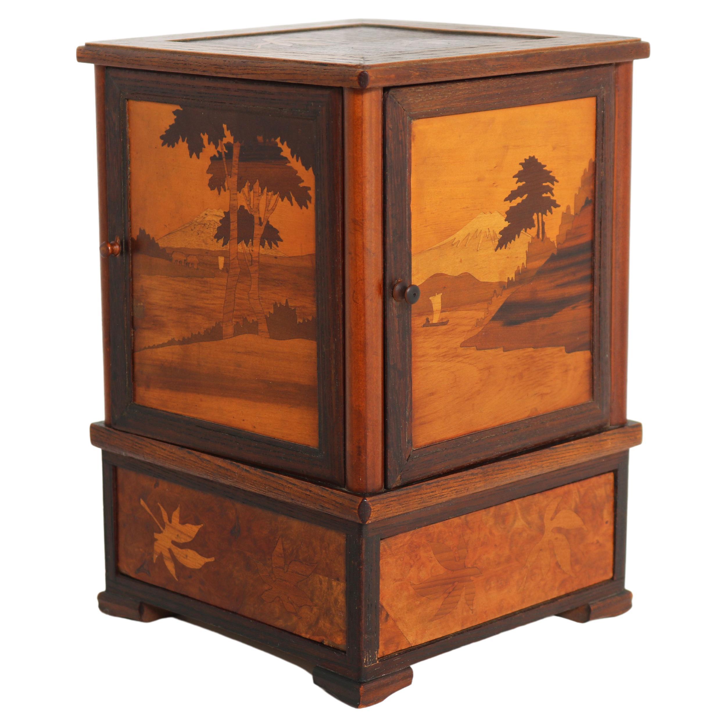 Antique French Inlaid Marquetry Cigar Box 1900 Cigarette Cabinet Desk Decoration For Sale