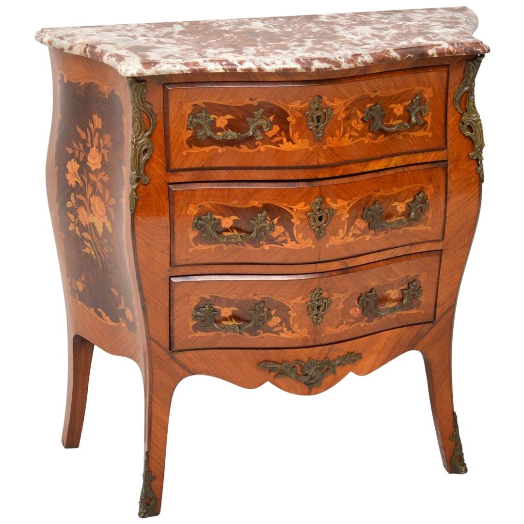 Antique French Inlaid Marquetry Marble Top Bombe Chest