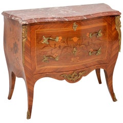 Antique French Inlaid Marquetry Marble-Top Bombe Chest