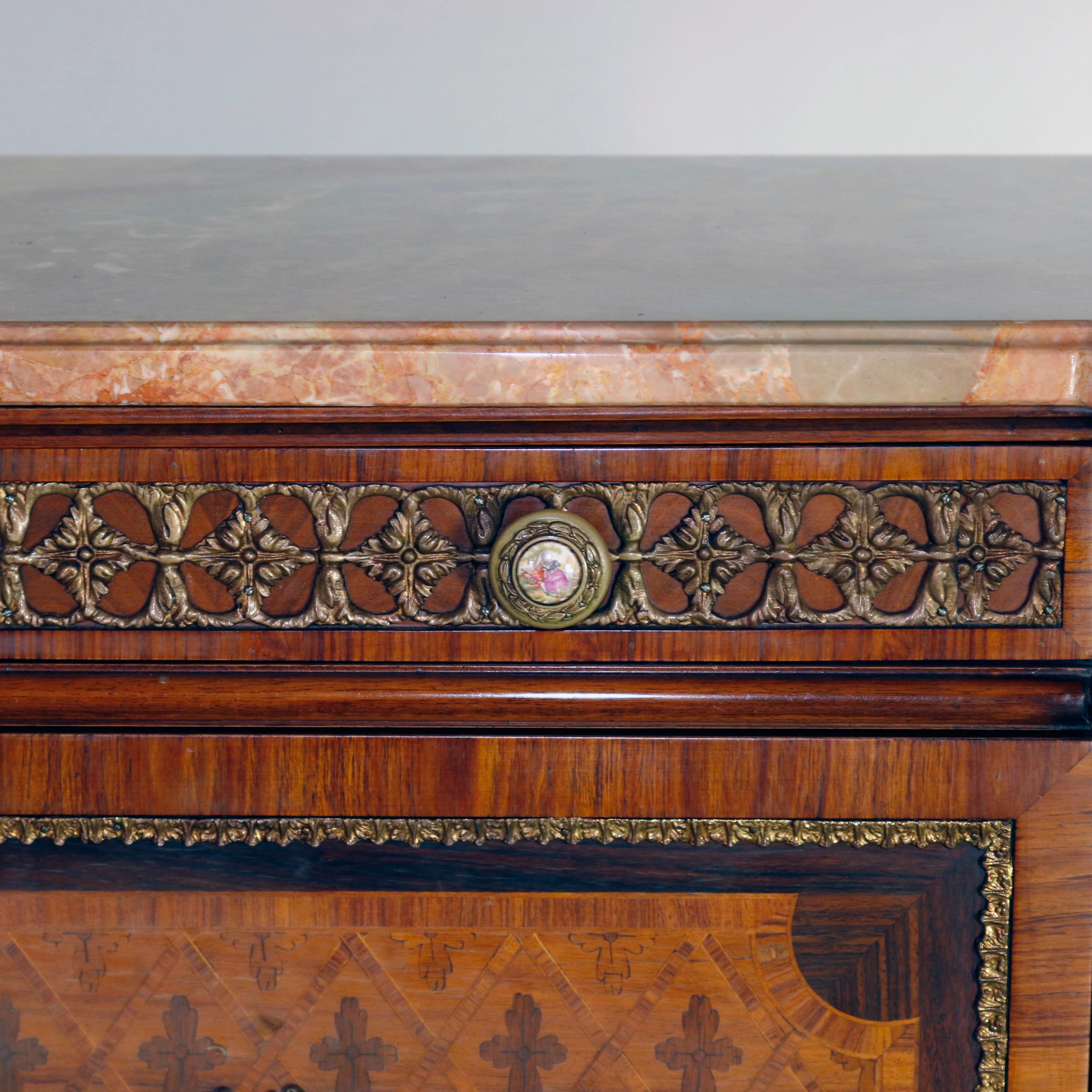 Antique French Inlaid Parquetry Mahogany & Ormolu Marble Top  Dresser 3