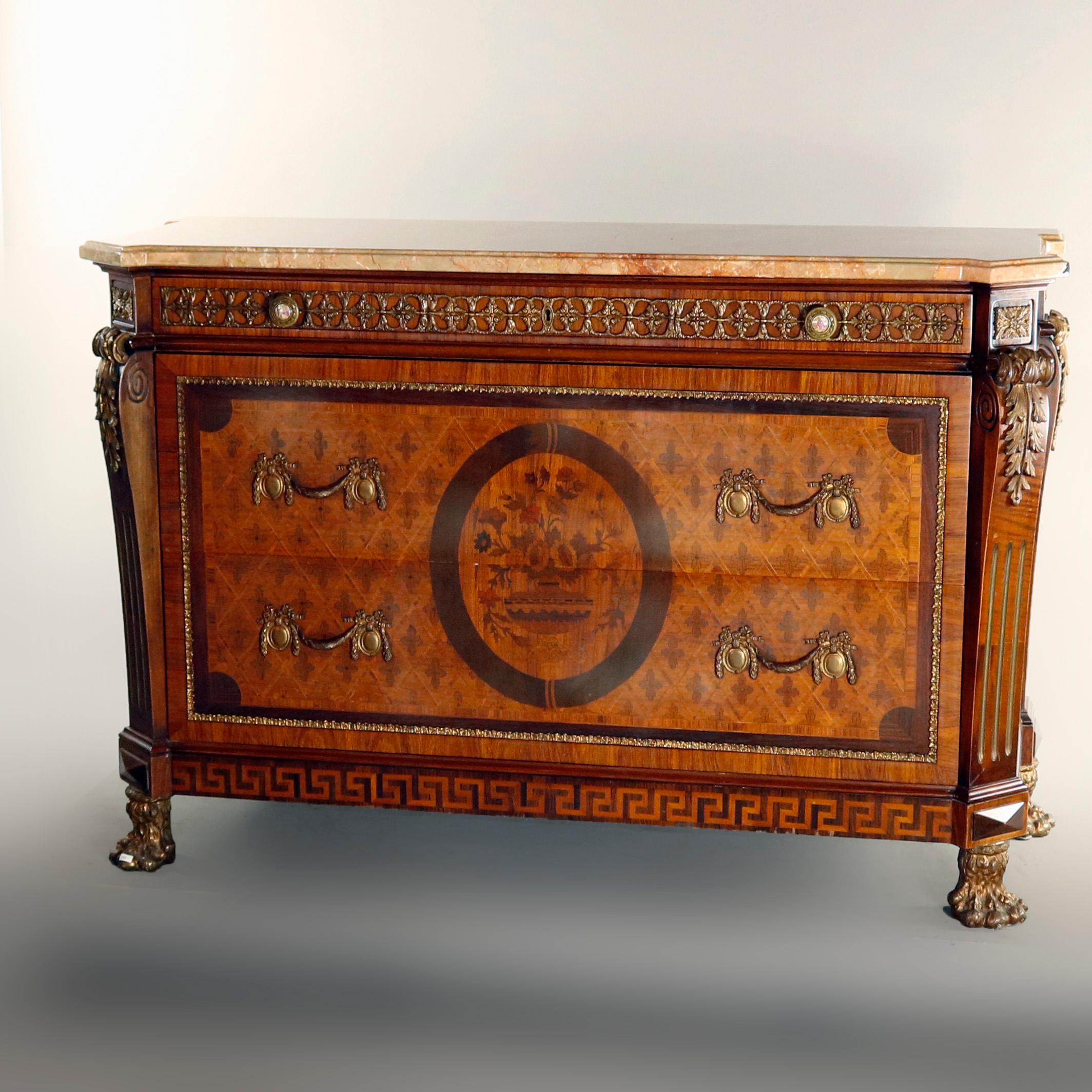 Antique French Inlaid Parquetry Mahogany & Ormolu Marble Top  Dresser In Good Condition In Big Flats, NY