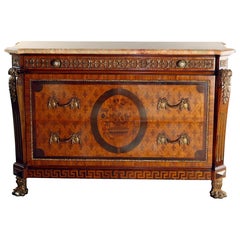 Antique French Inlaid Parquetry Mahogany & Ormolu Marble Top  Dresser