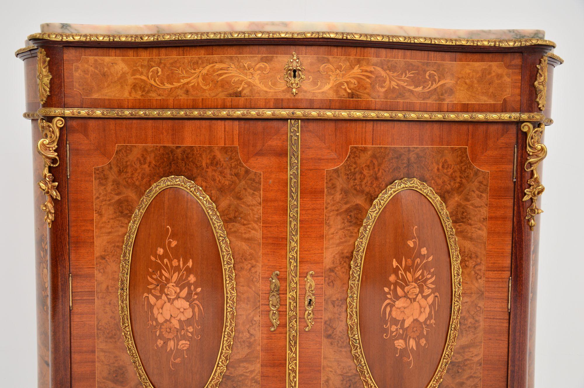 Louis XV Antique French Inlaid Walnut Marble Top Cabinet