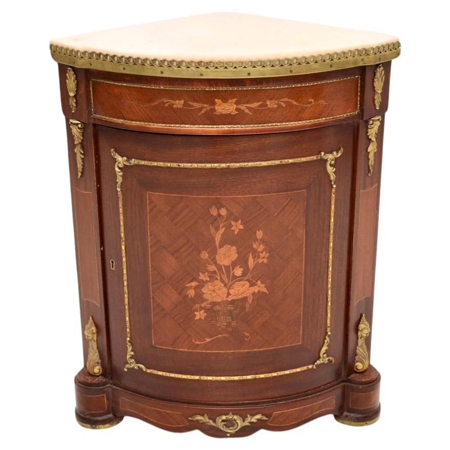 Antique French Inlaid Walnut Marble Top Corner Cabinet