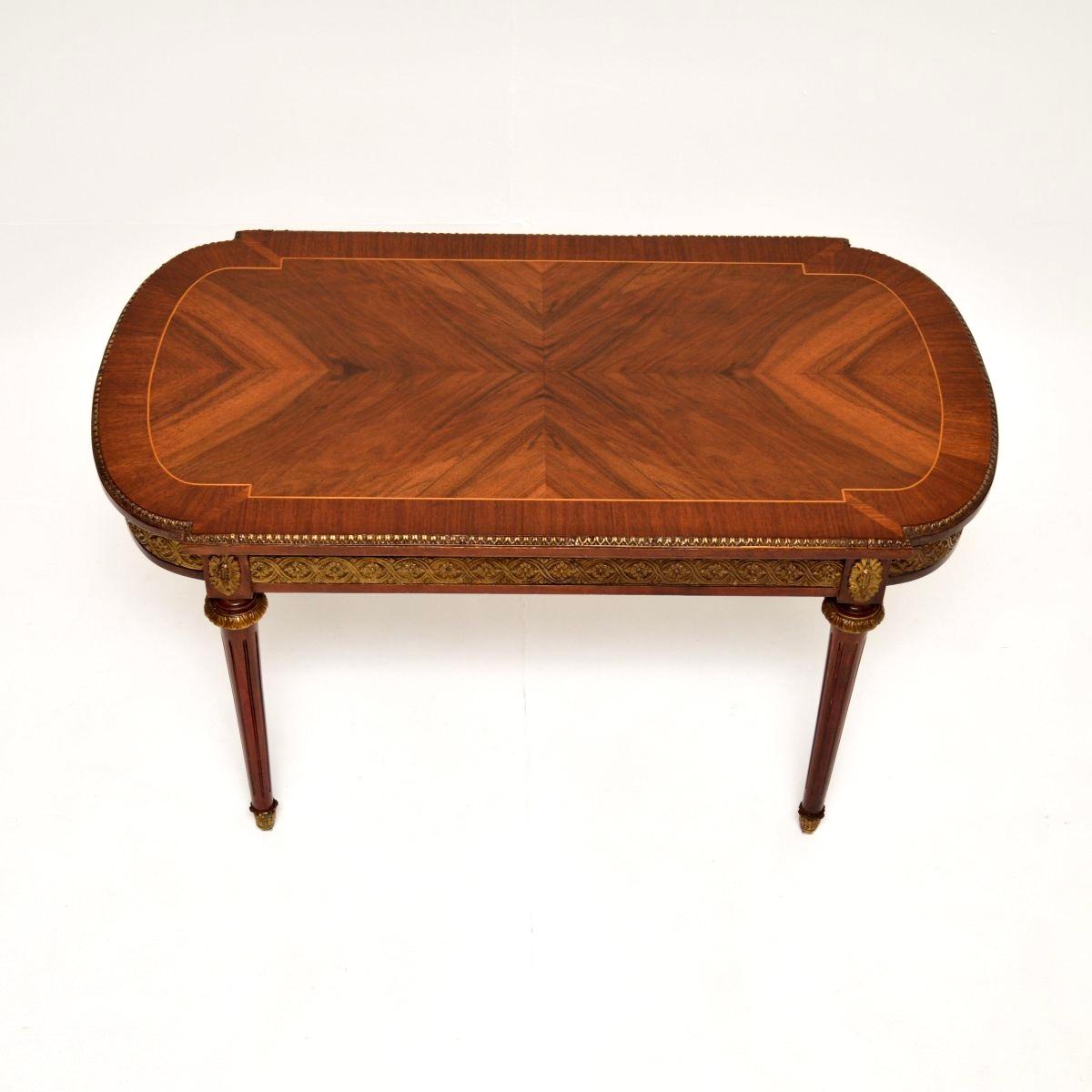 Inlay Antique French Inlaid Walnut Ormolu Mounted Coffee Table For Sale