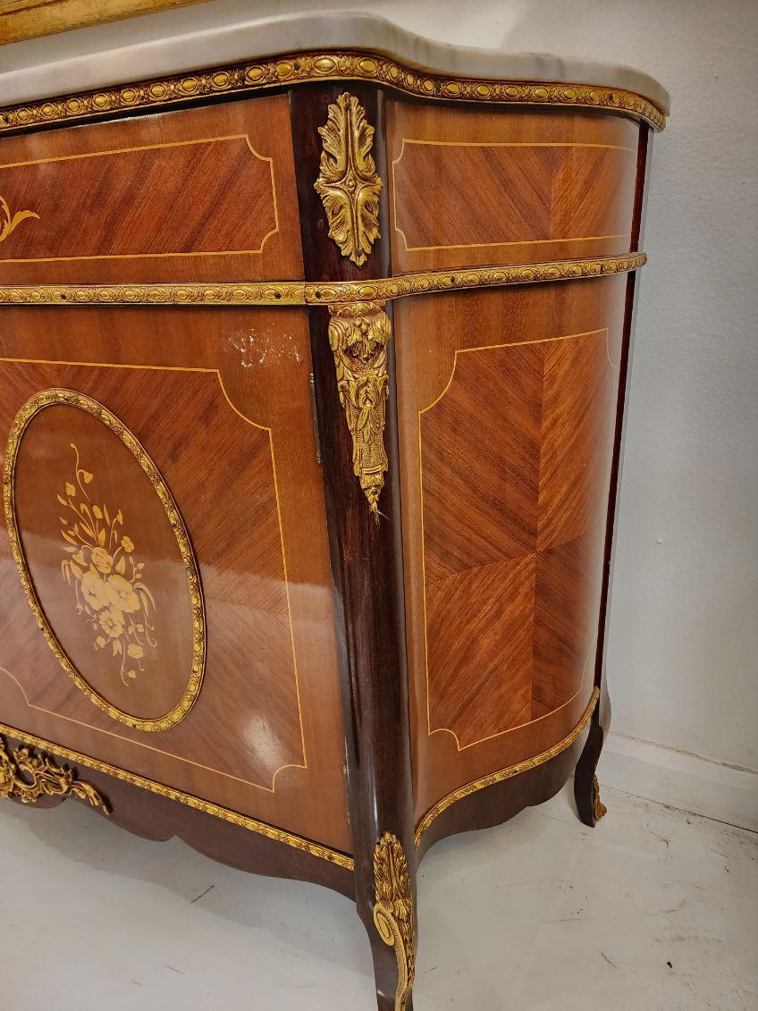 Mahogany Antique  French Inlaid White Marble Top Cabinet For Sale