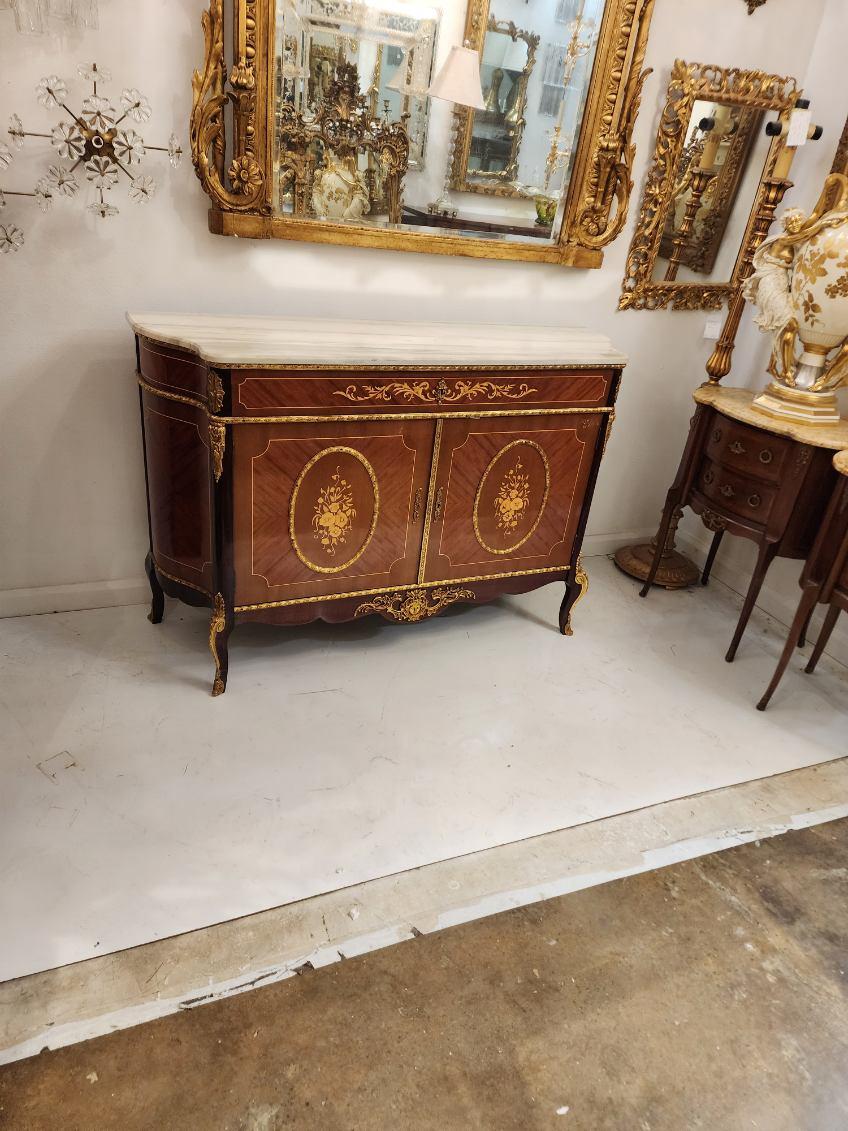 Antique  French Inlaid White Marble Top Cabinet For Sale 1
