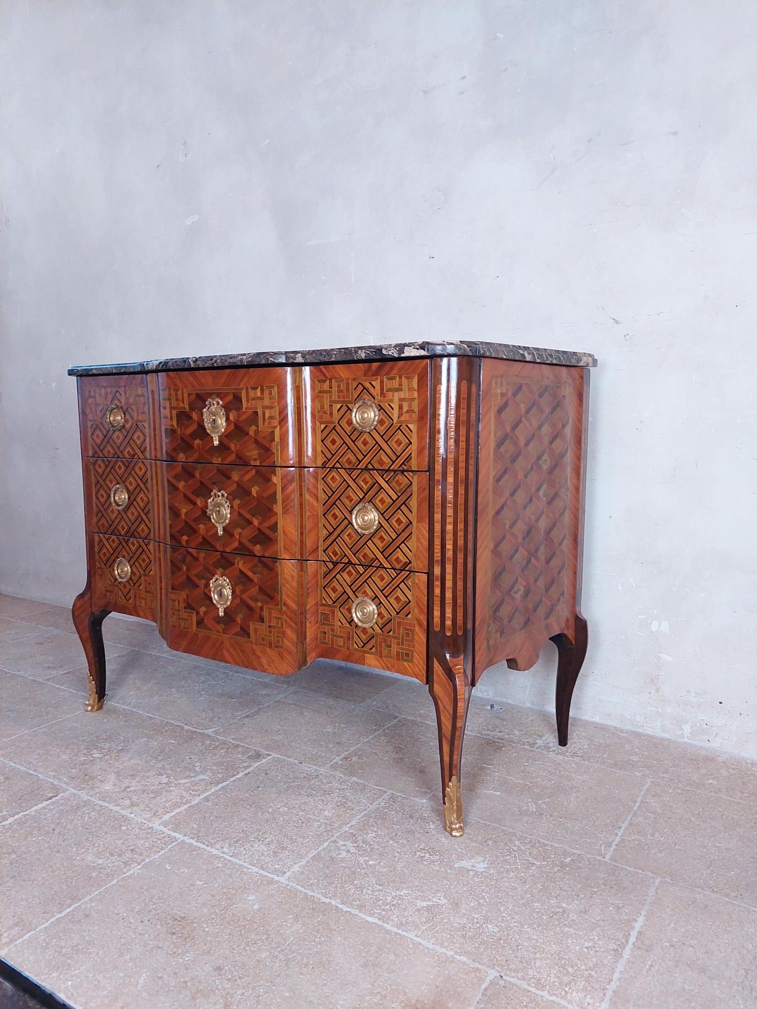 Antique French Intarsia Oak Commode witt Marble top by Joseph Schmitz ca 1770 For Sale 6