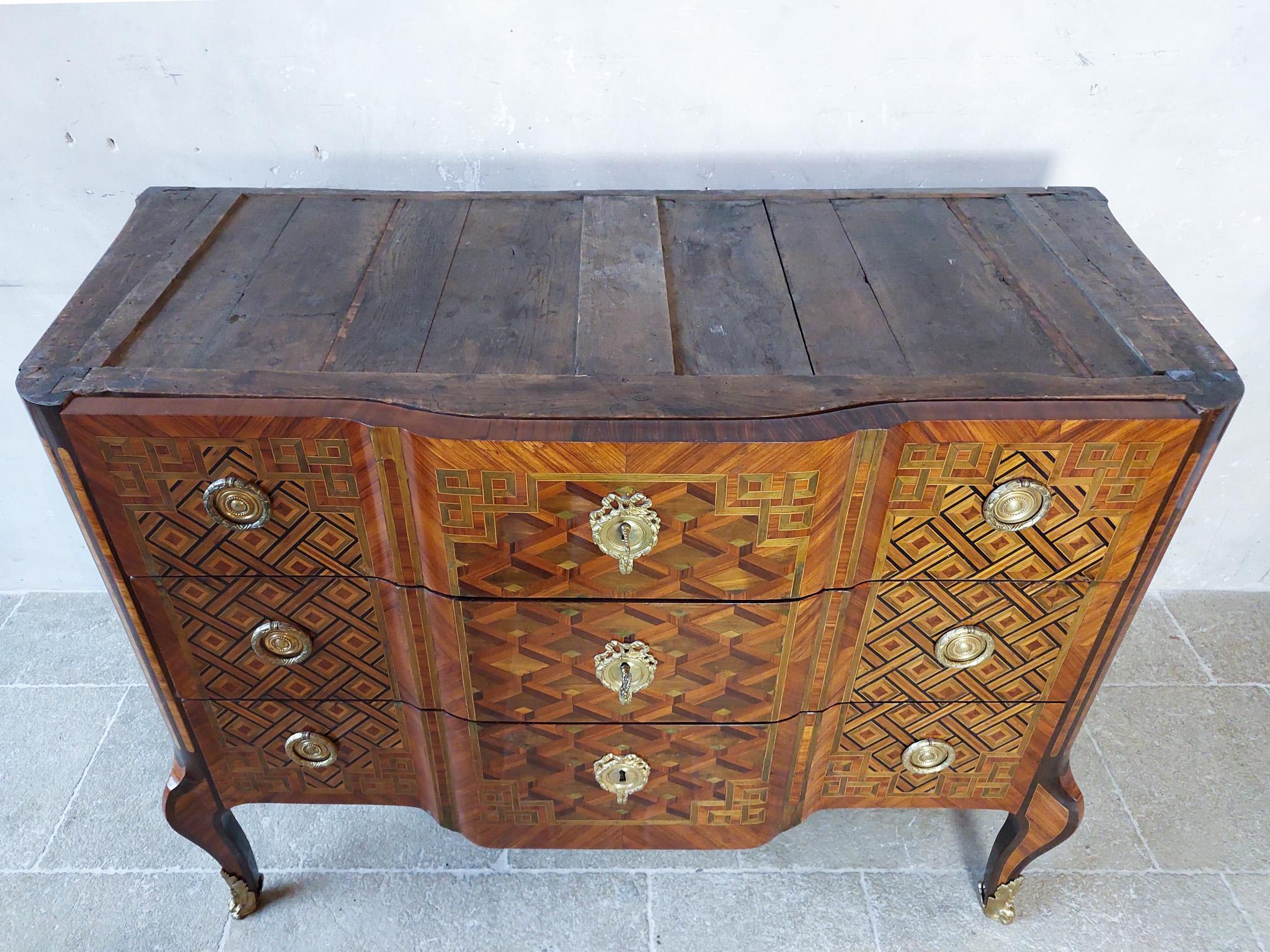 Antique French Intarsia Oak Commode witt Marble top by Joseph Schmitz ca 1770 For Sale 10