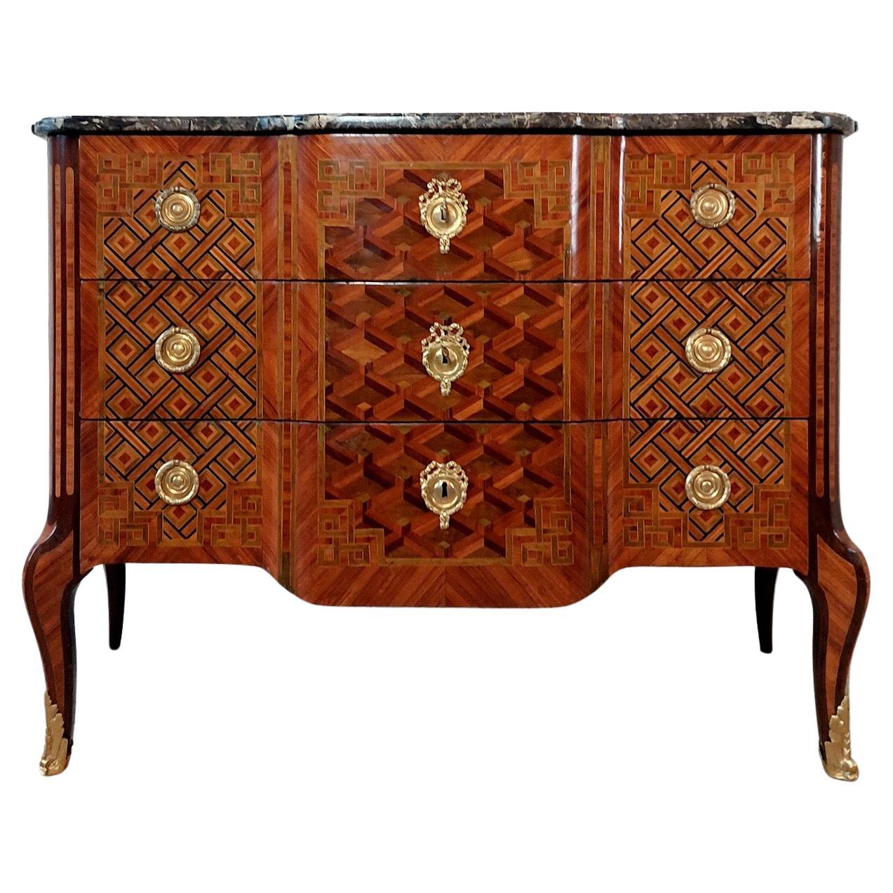 Antique French Intarsia Oak Commode witt Marble top by Joseph Schmitz ca 1770 For Sale