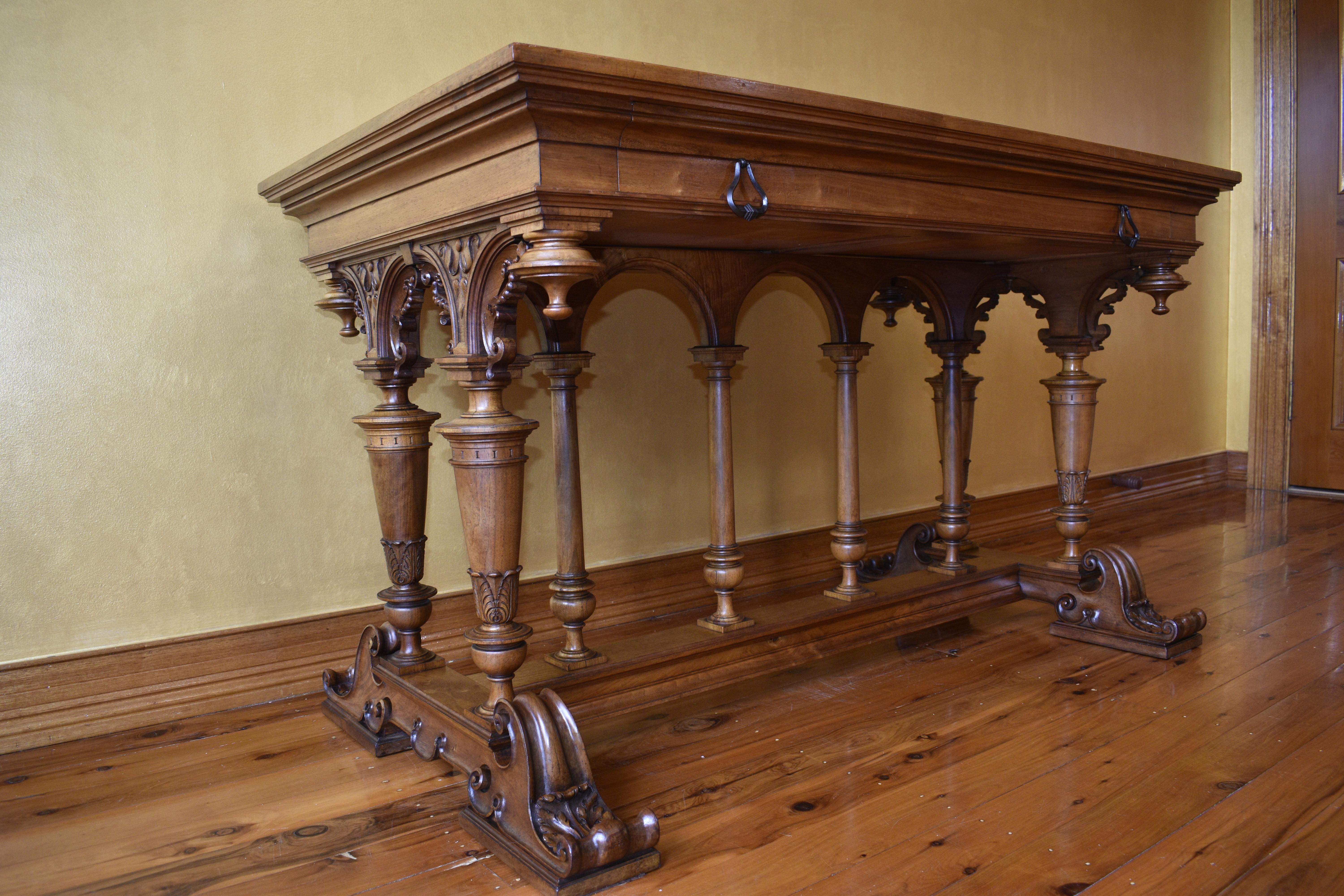 19th Century Antique French Intricate Carved Walnut Table with Single Drawer For Sale