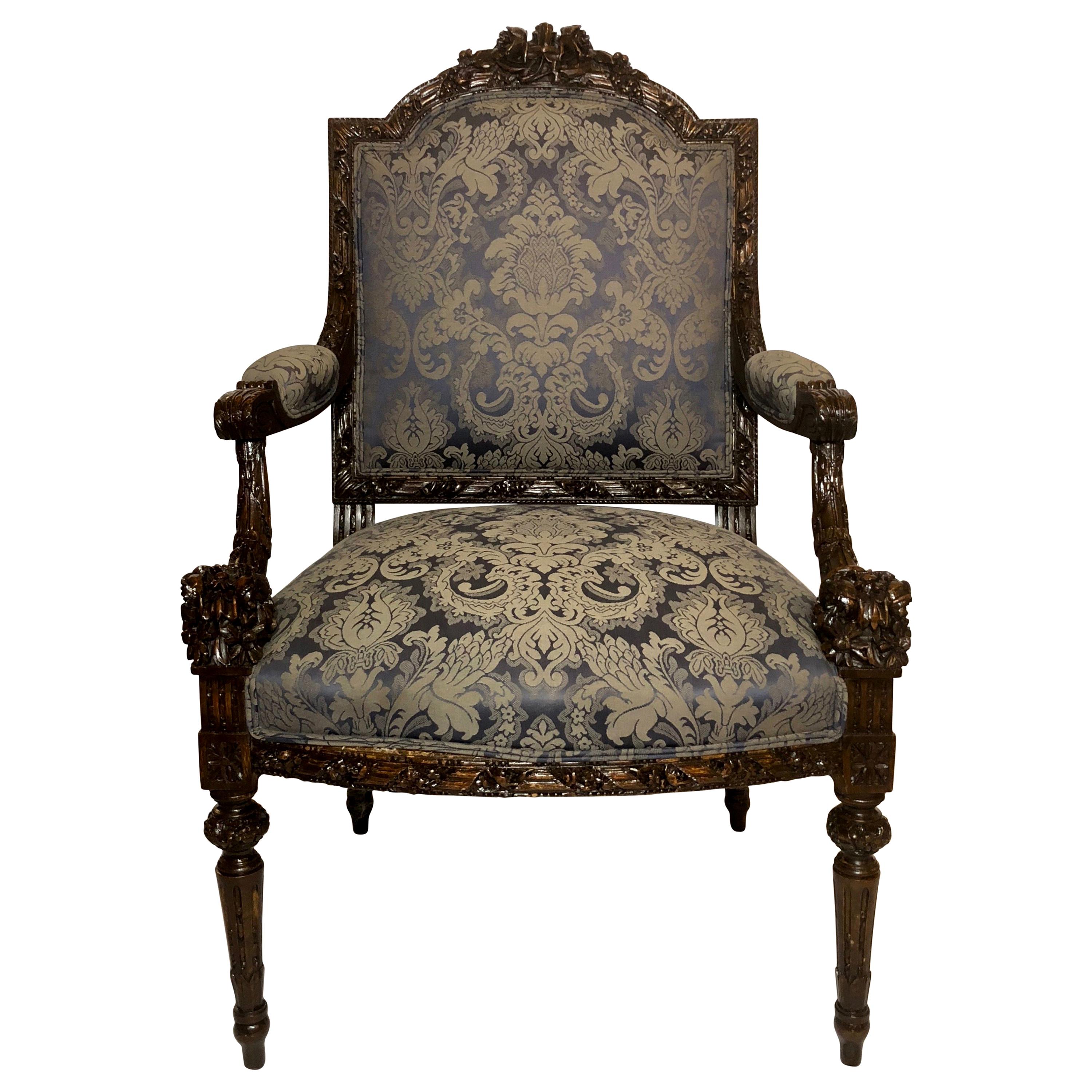 Antique French Intricately Carved Armchair For Sale