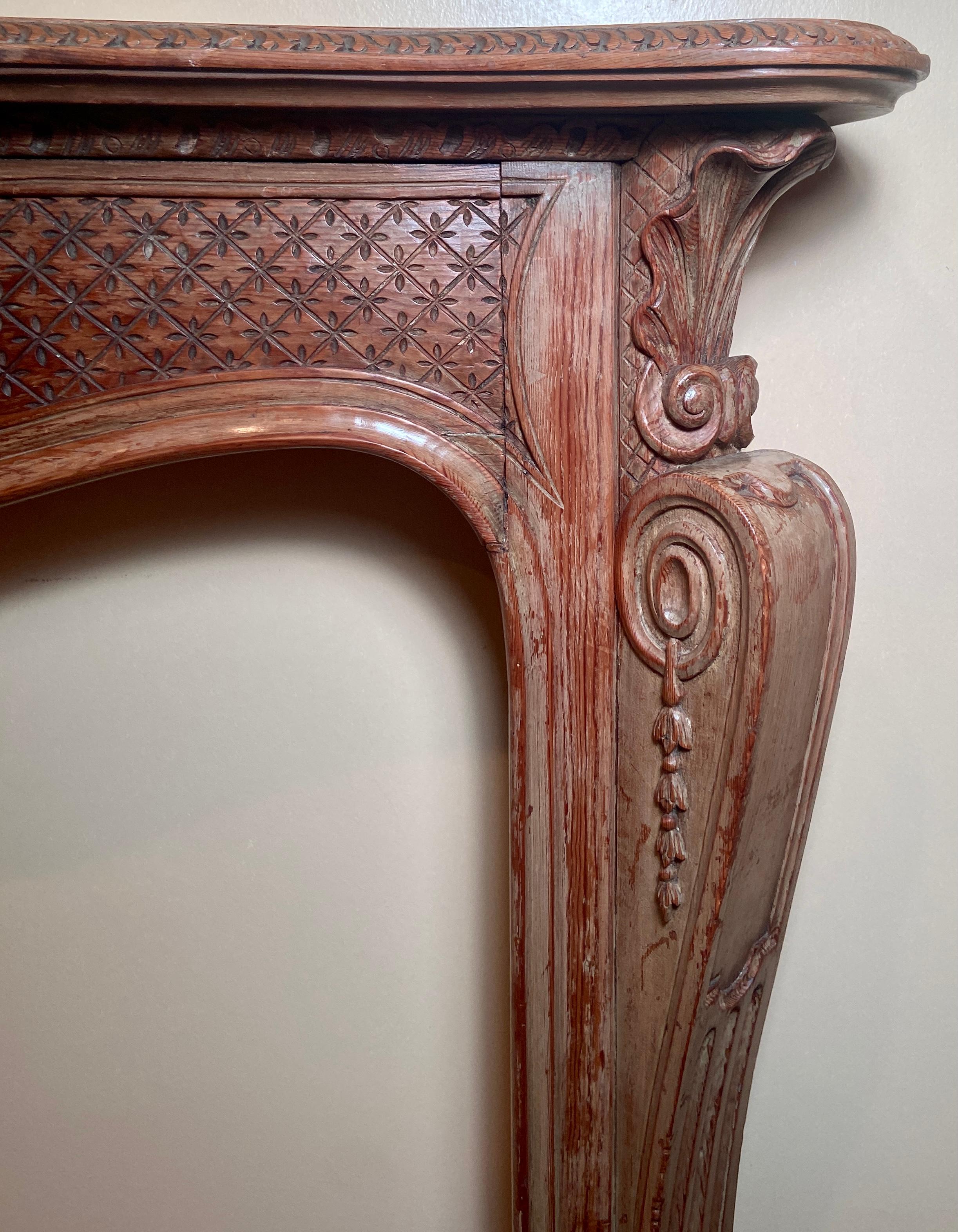 20th Century Antique French Intricately Carved Pine Mantlepiece, circa 1920-1930 For Sale