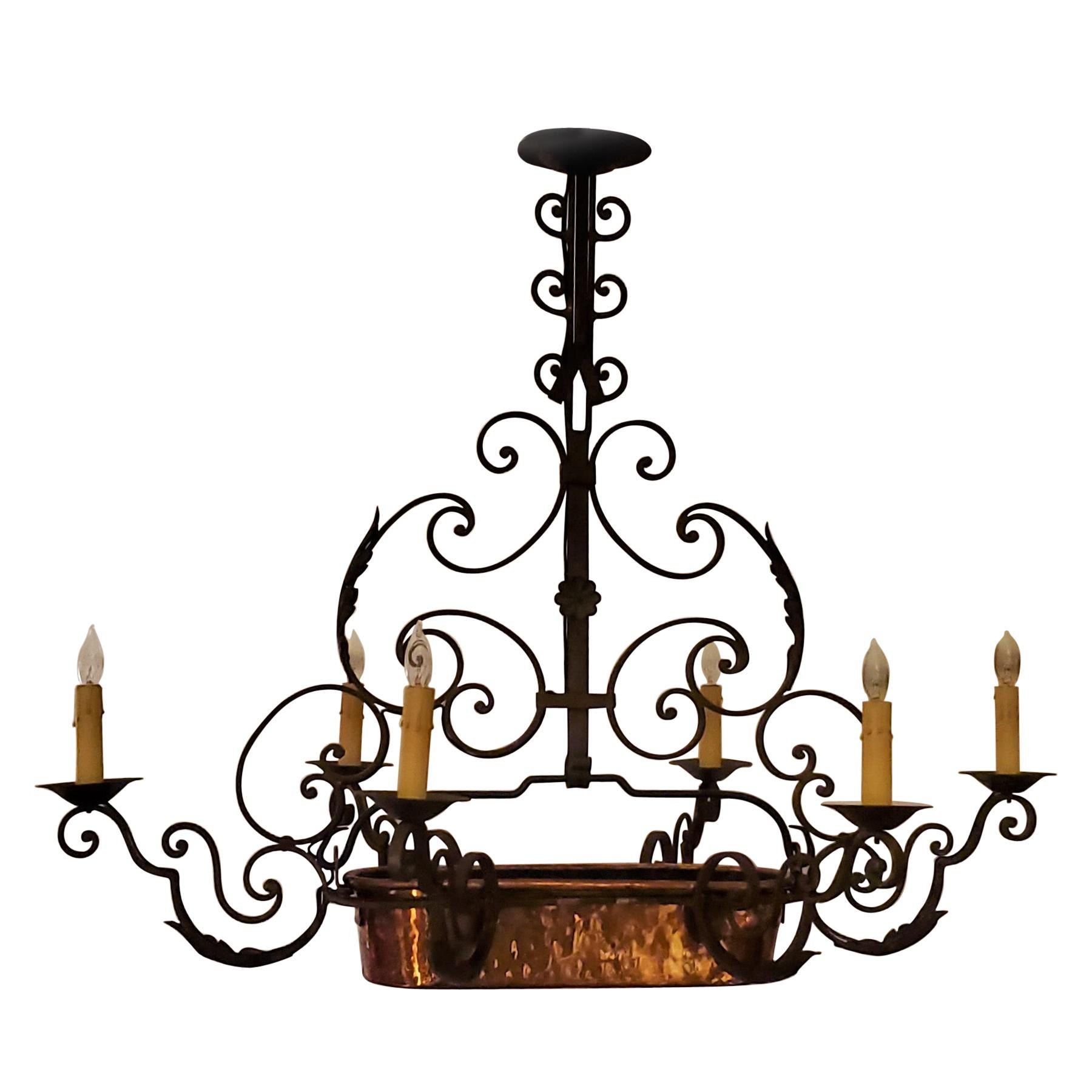 Antique French Iron and Copper Chandelier, circa 1910 For Sale