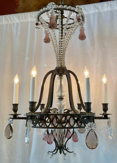 Antique French Iron and Crystal 6 Light Chandelier, Circa 1880