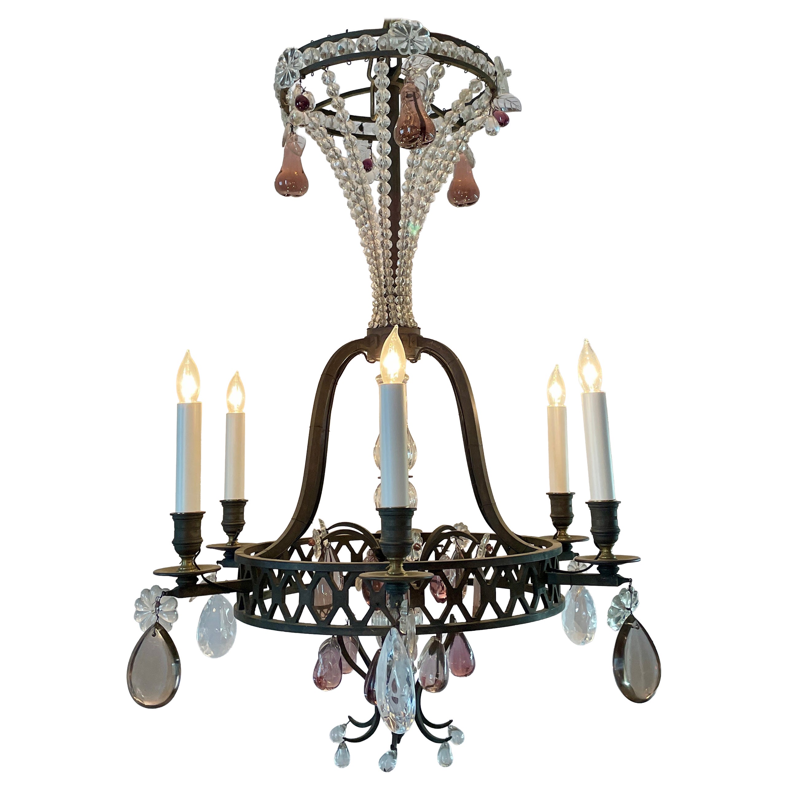 Antique French Iron and Crystal 6 Light Chandelier, Circa 1880 en vente