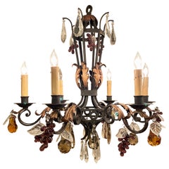 Antique French Iron and Crystal Provincial Chandelier