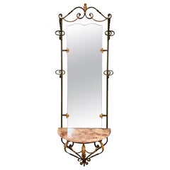 Antique French Iron and Mirror Port Manteau Hall Tree with Marble Top Circa 1900