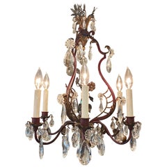 Antique French Iron and Tole Crystal Chandelier, circa 1880