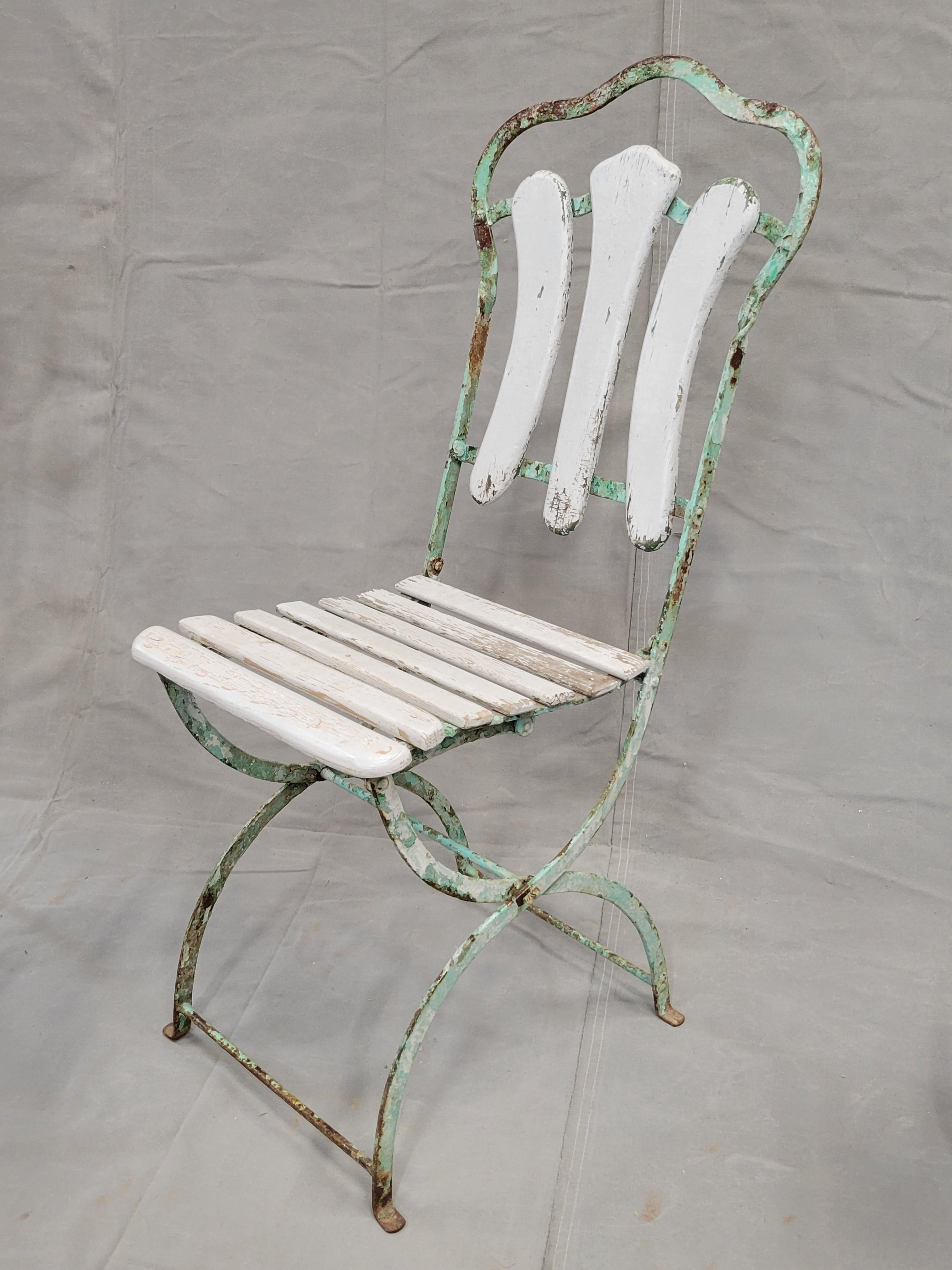 Hand-Crafted Antique French Iron and Wood Folding Bistro Garden Chairs - Set of 3 For Sale