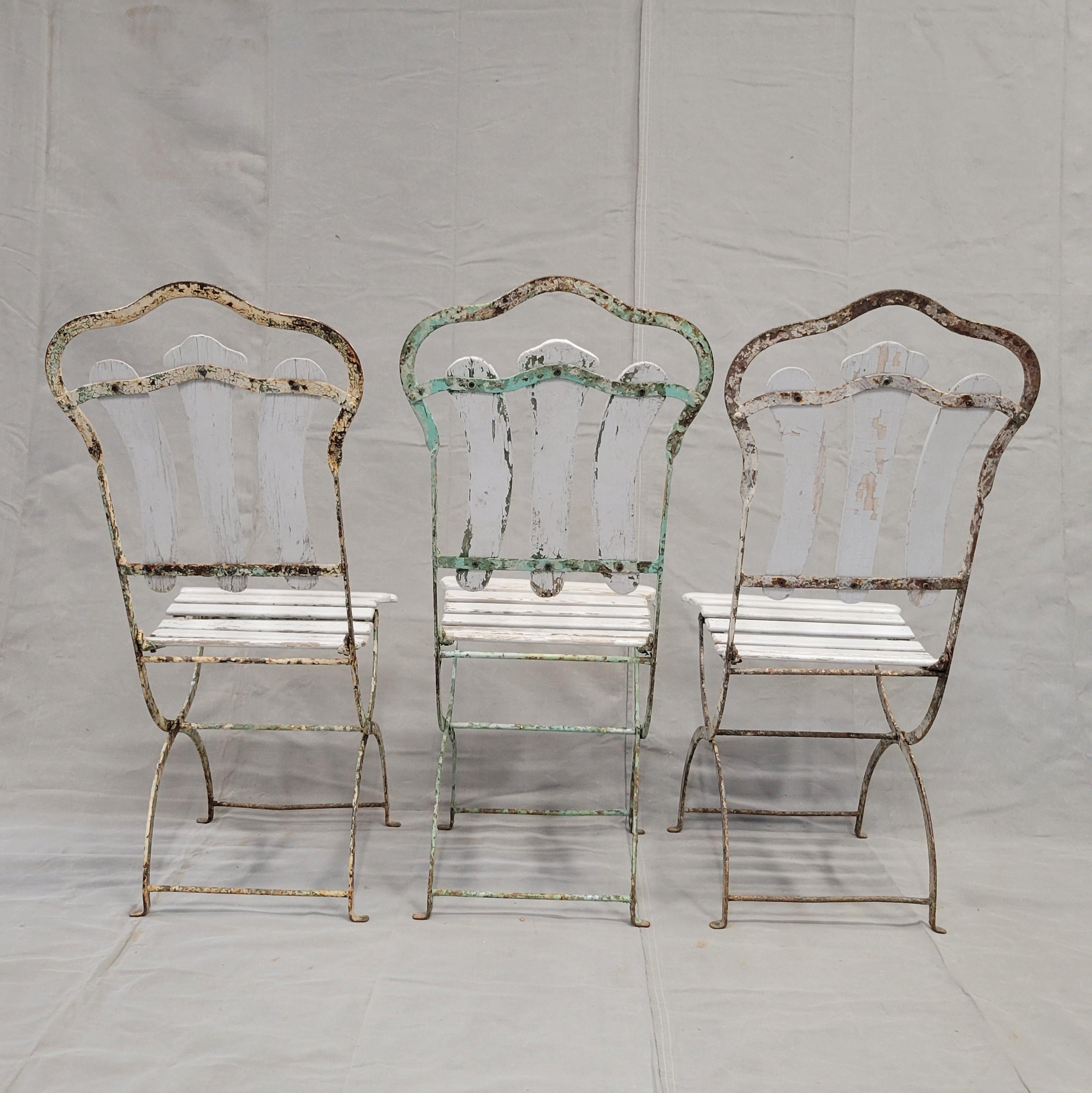 20th Century Antique French Iron and Wood Folding Bistro Garden Chairs - Set of 3 For Sale