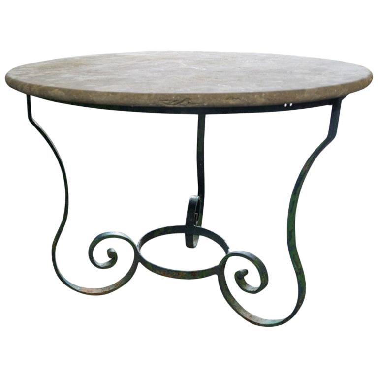 Antique French Iron Base Table with Stone Top, circa 1890 For Sale