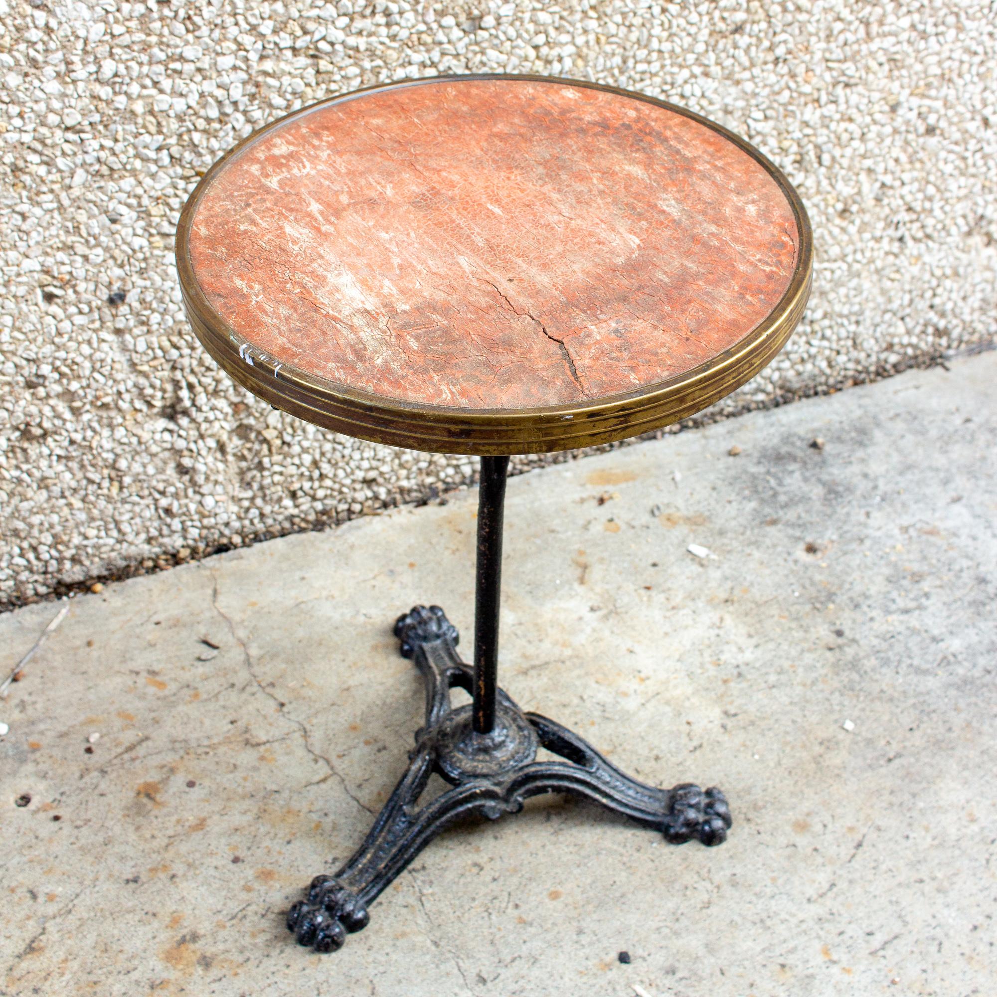 Antique French Iron Bistro Table with Distressed Leather Top 4