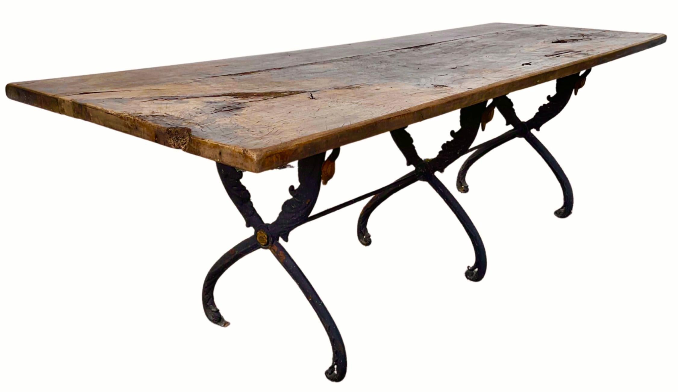 Antique French Iron Bistro Table with Rustic Walnut Top 5