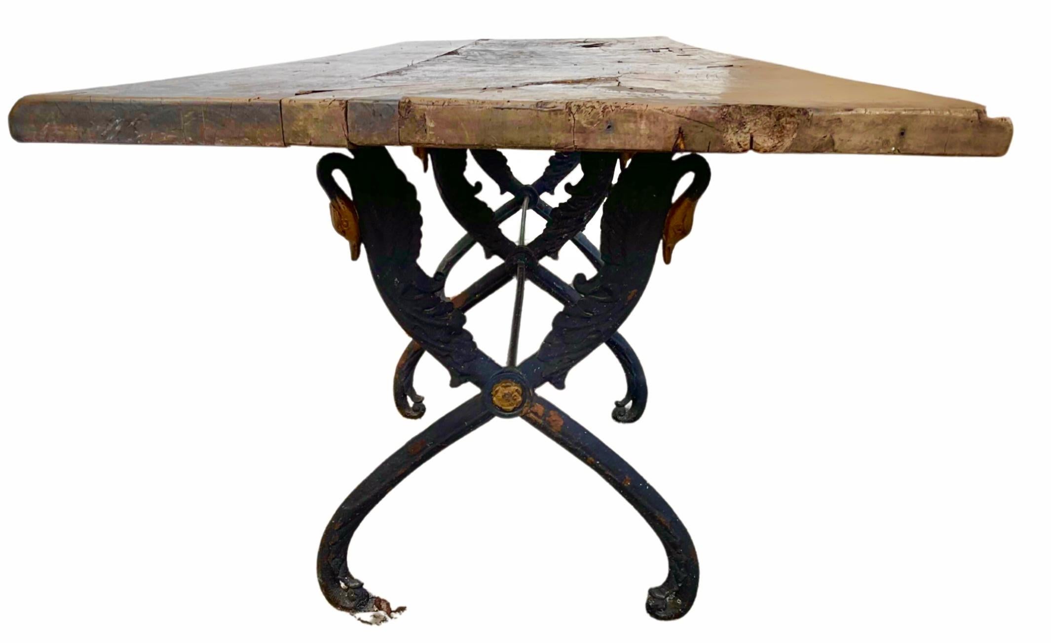 French Provincial Antique French Iron Bistro Table with Rustic Walnut Top