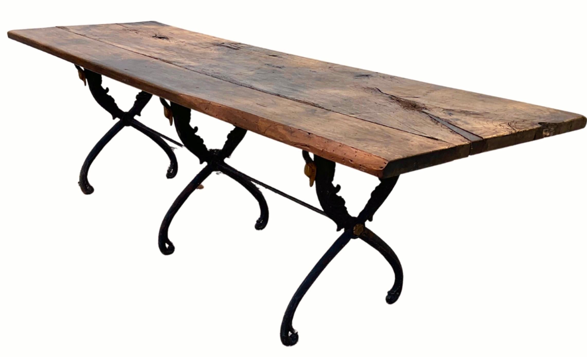 Antique French Iron Bistro Table with Rustic Walnut Top 1