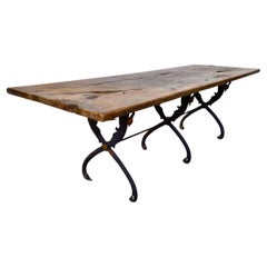 Antique French Iron Bistro Table with Rustic Walnut Top