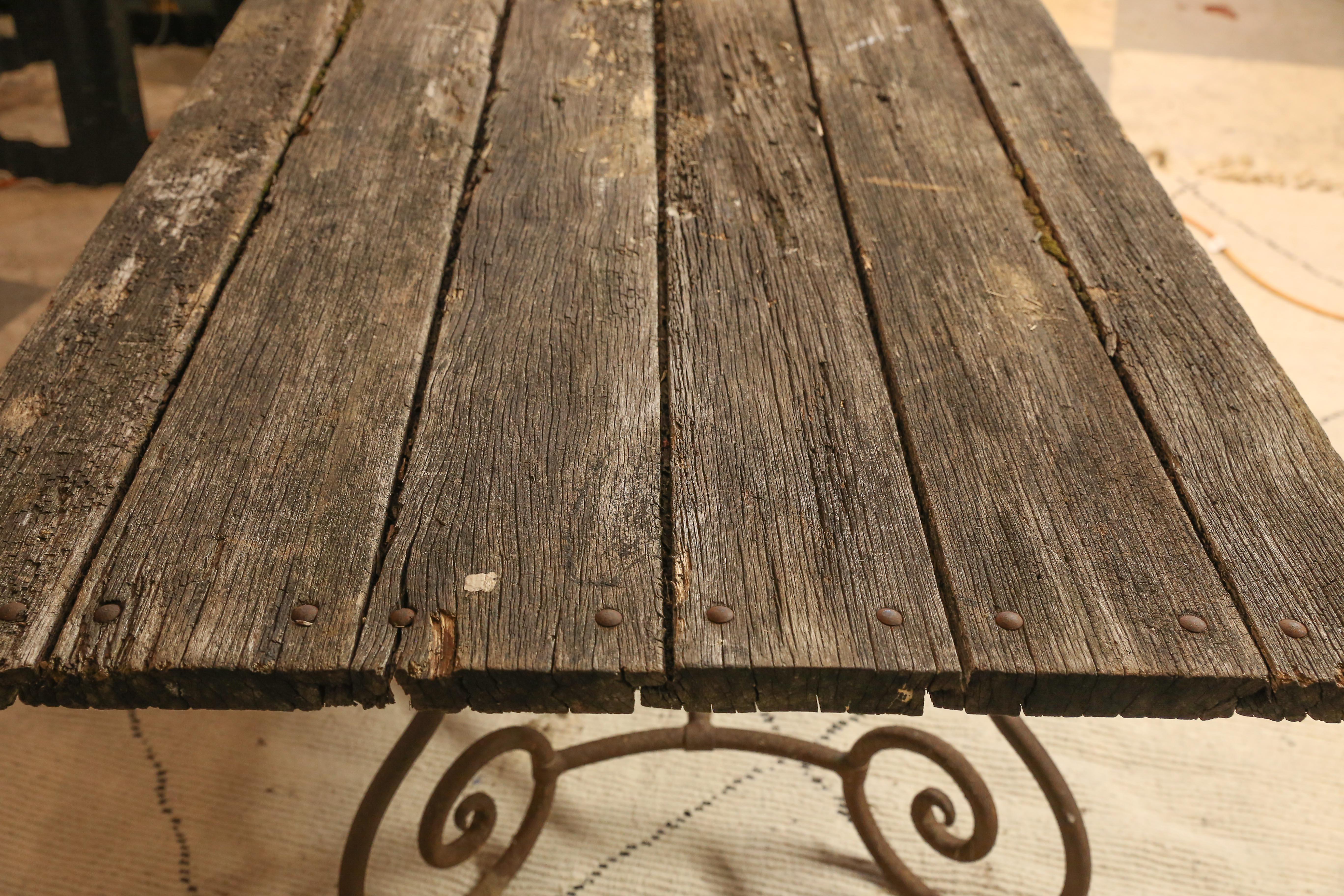 Belgian Antique French Iron Garden Table with Distressed Wood Top