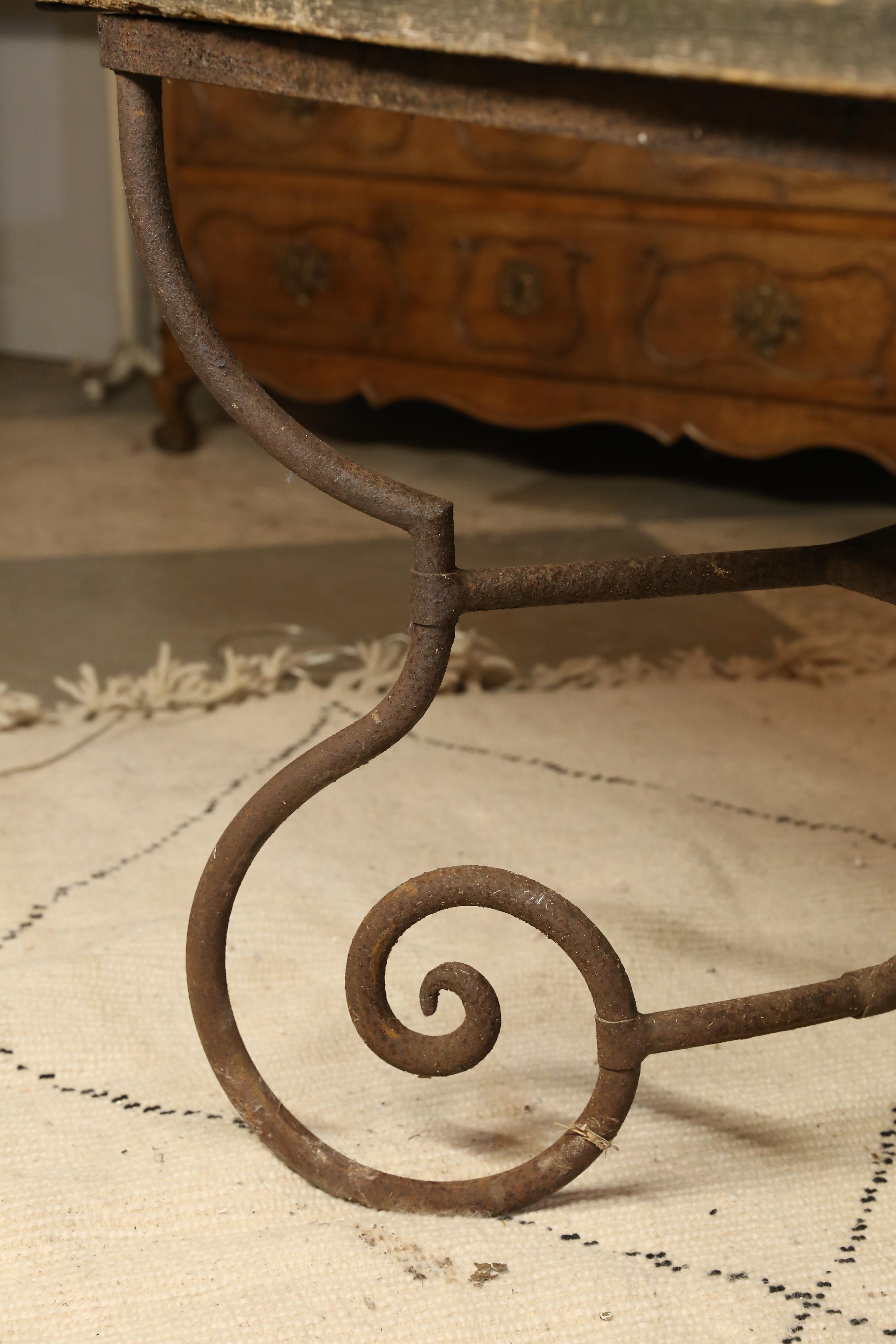 Early 20th Century Antique French Iron Garden Table with Distressed Wood Top