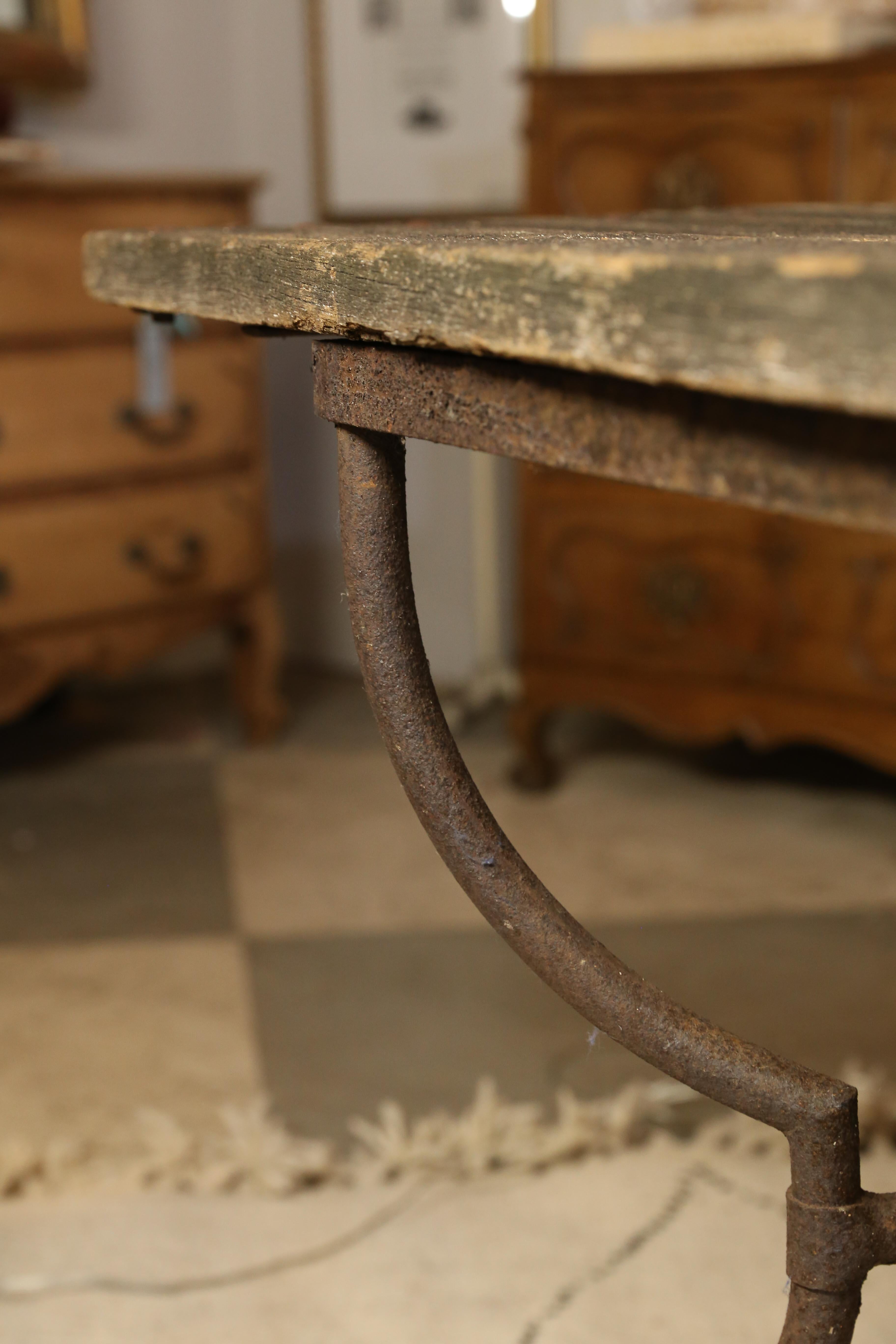 Antique French Iron Garden Table with Distressed Wood Top 2