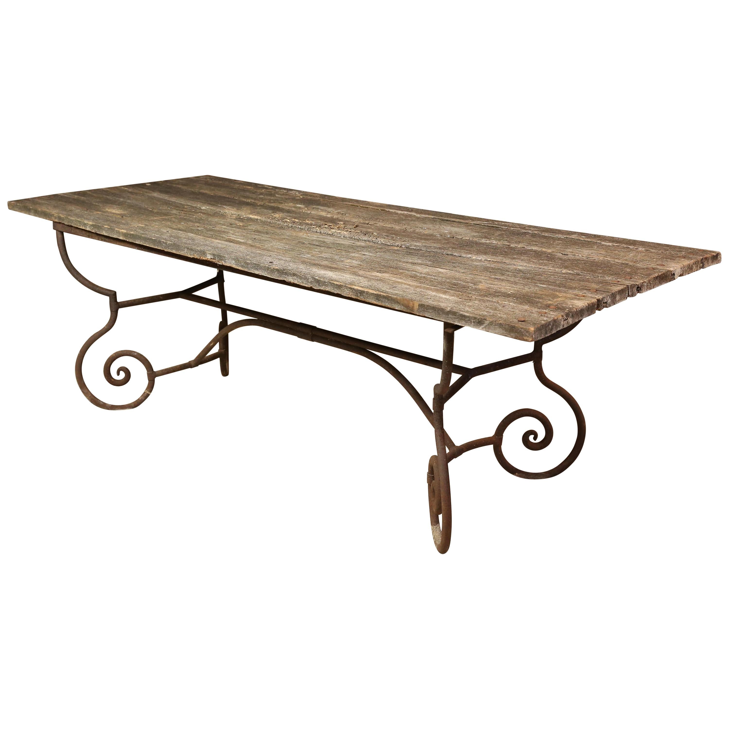 Antique French Iron Garden Table with Distressed Wood Top
