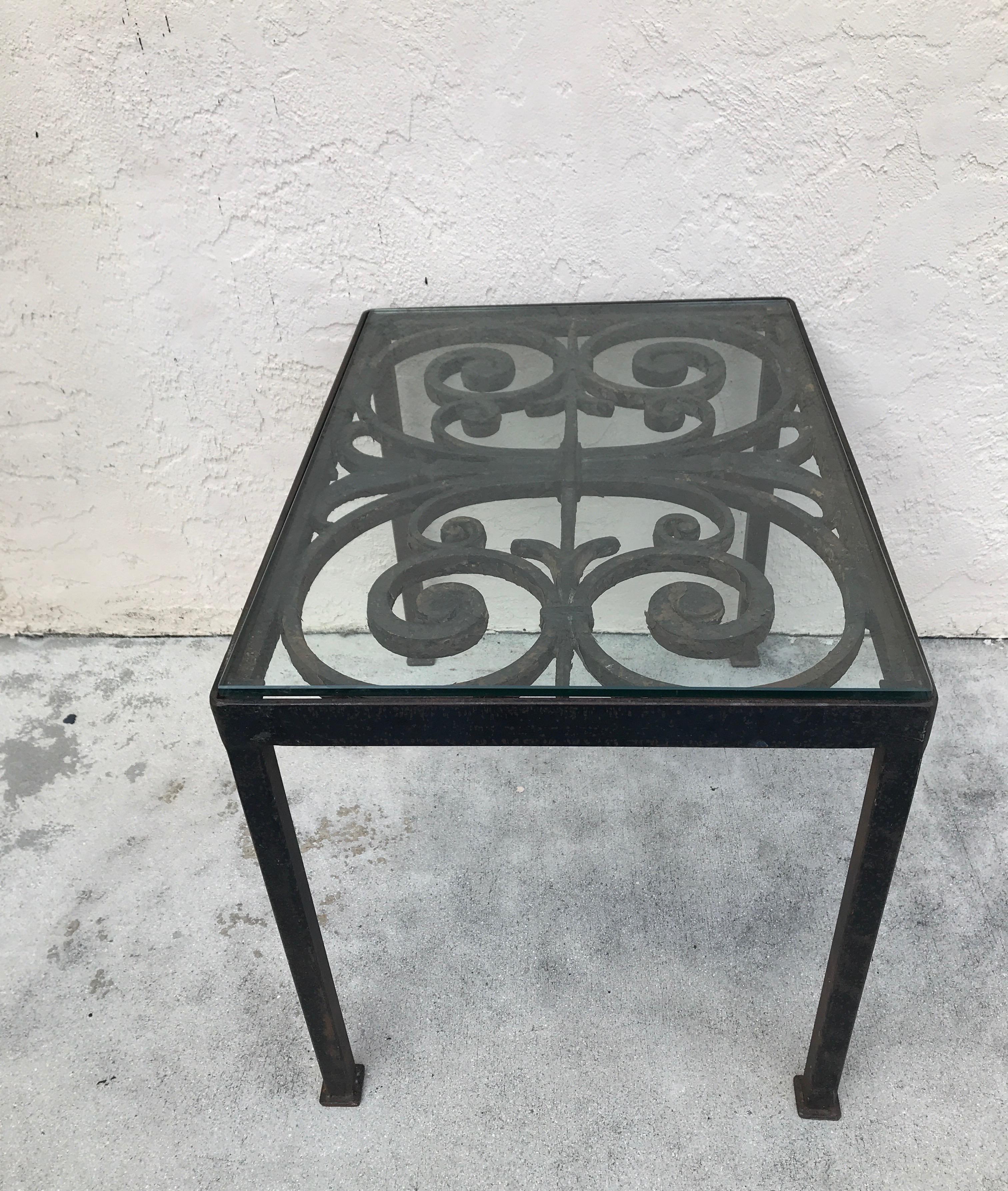 Glass Antique French Iron Gate Side Table For Sale