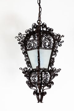 Antique French Iron Hanging Lantern Pendant Light