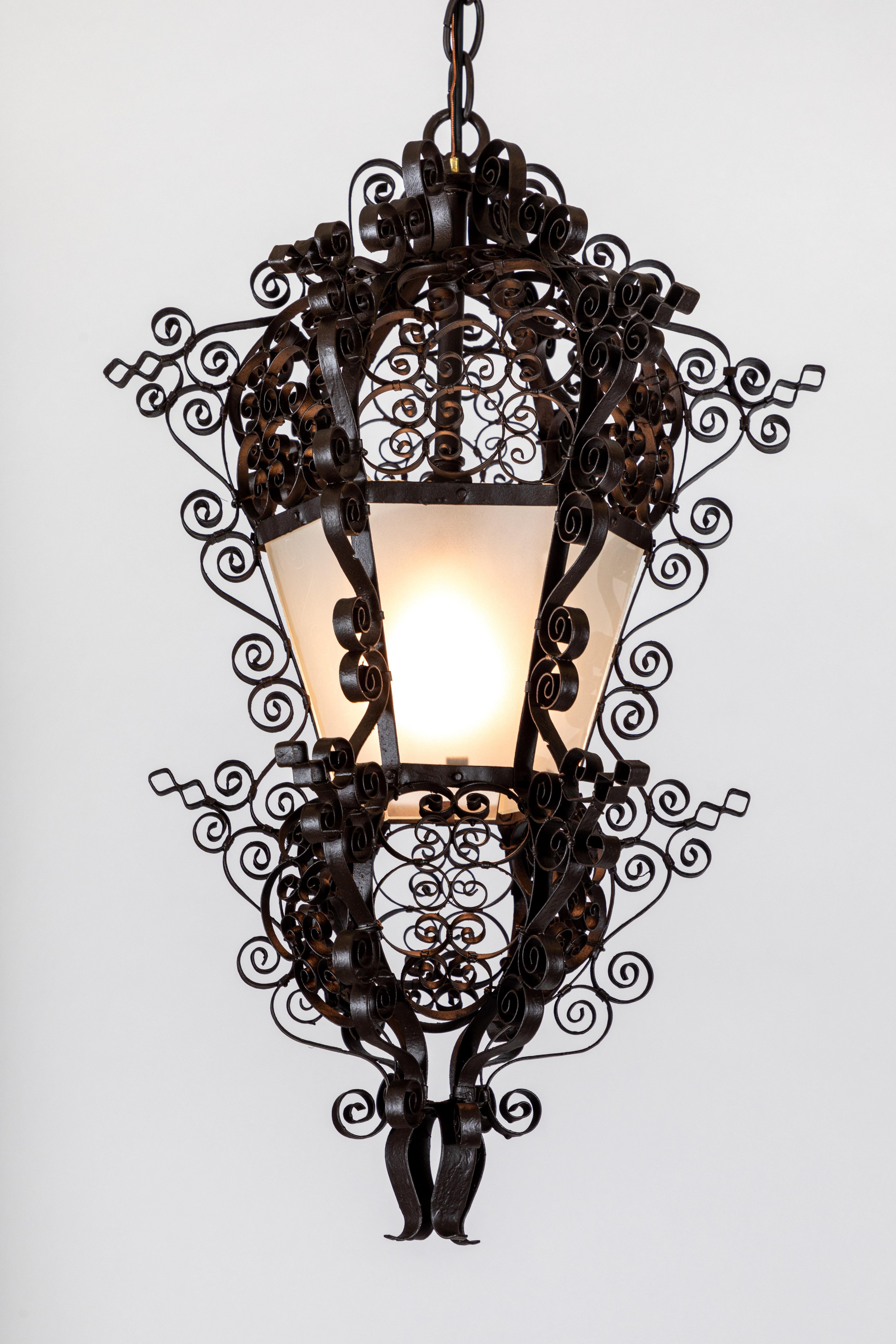 Frosted Antique French Iron Hanging Lantern Pendant Light