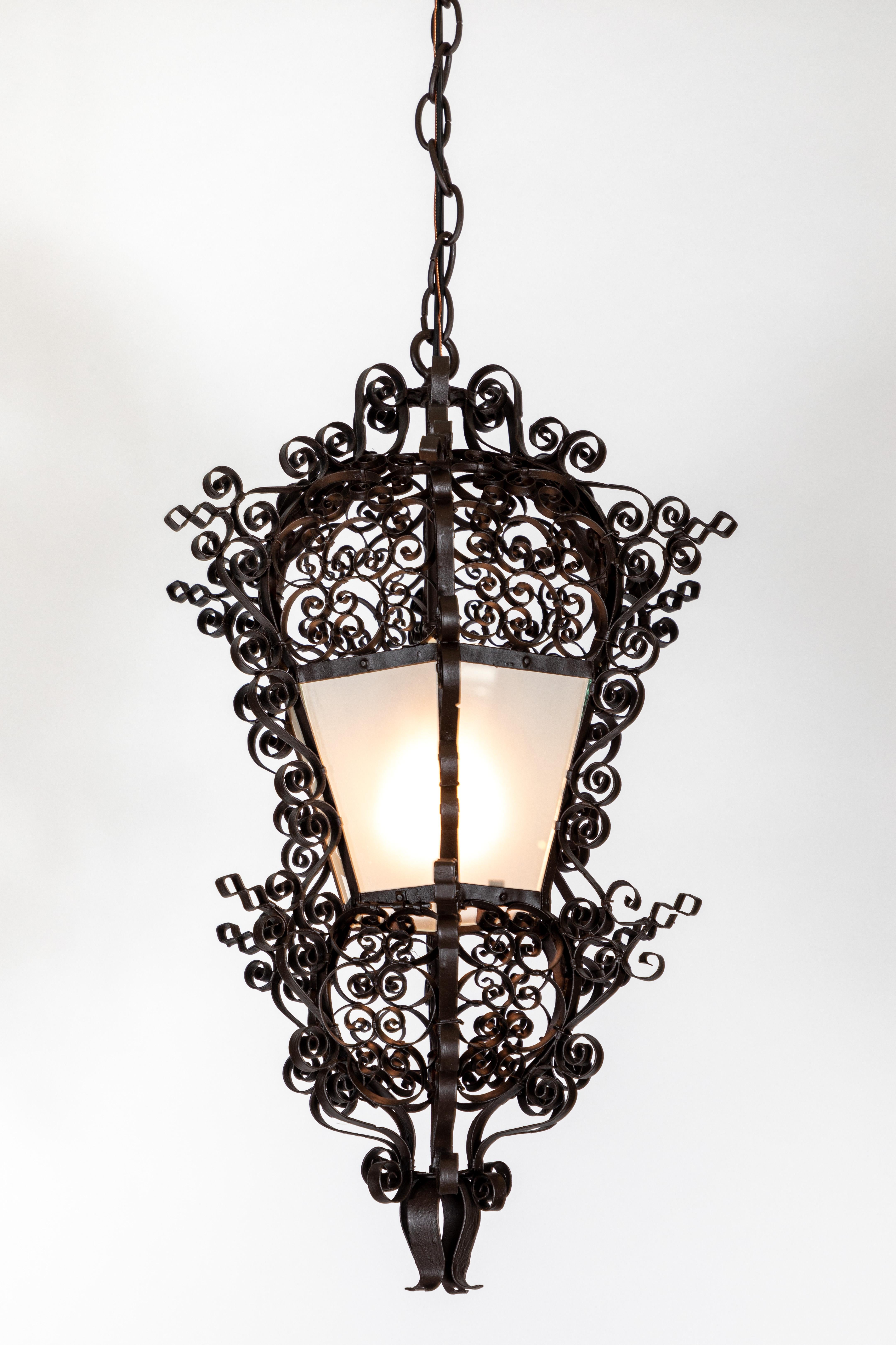 Antique French Iron Hanging Lantern Pendant Light In Excellent Condition In Pasadena, CA
