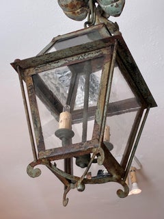 "Antique French Iron Lantern, Hand-Crafted, Patinated, Wall Mount, 1980"