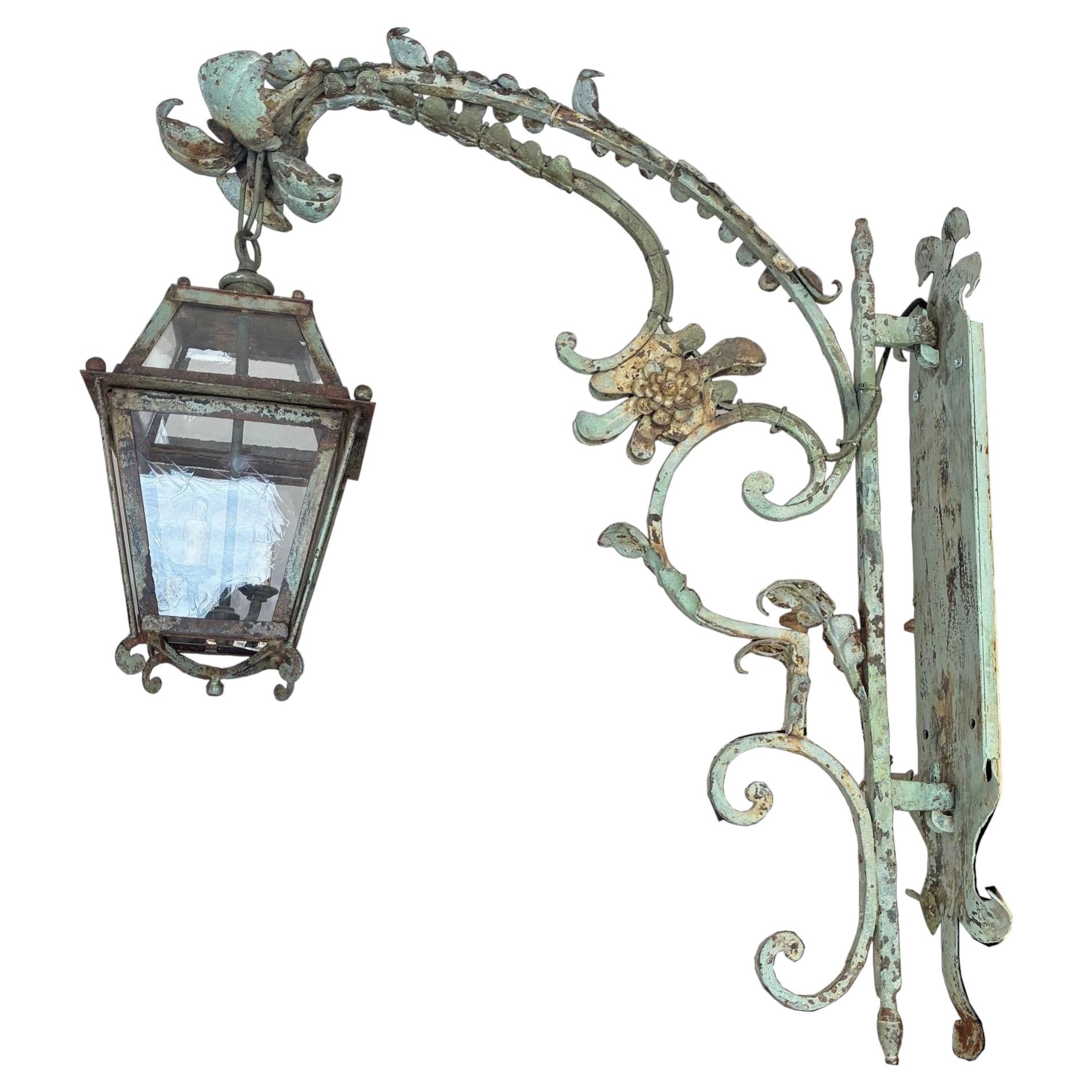 "Antique French Iron Lantern, Hand-Crafted, Patinated, Wall Mount, 1980" For Sale
